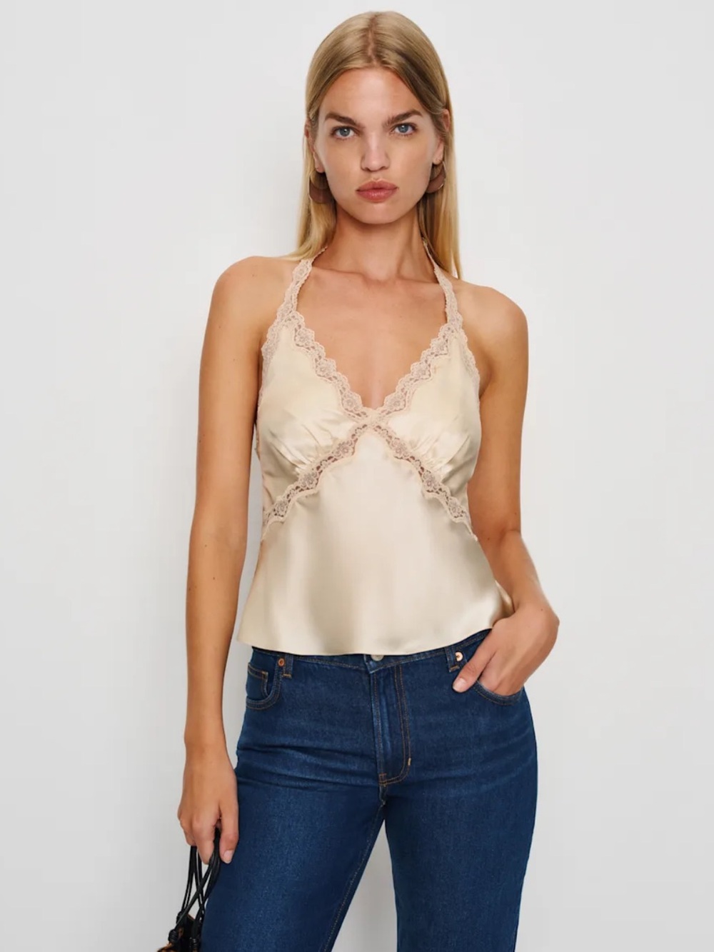 Reformation Monica Lace Trim Silk Halter Top